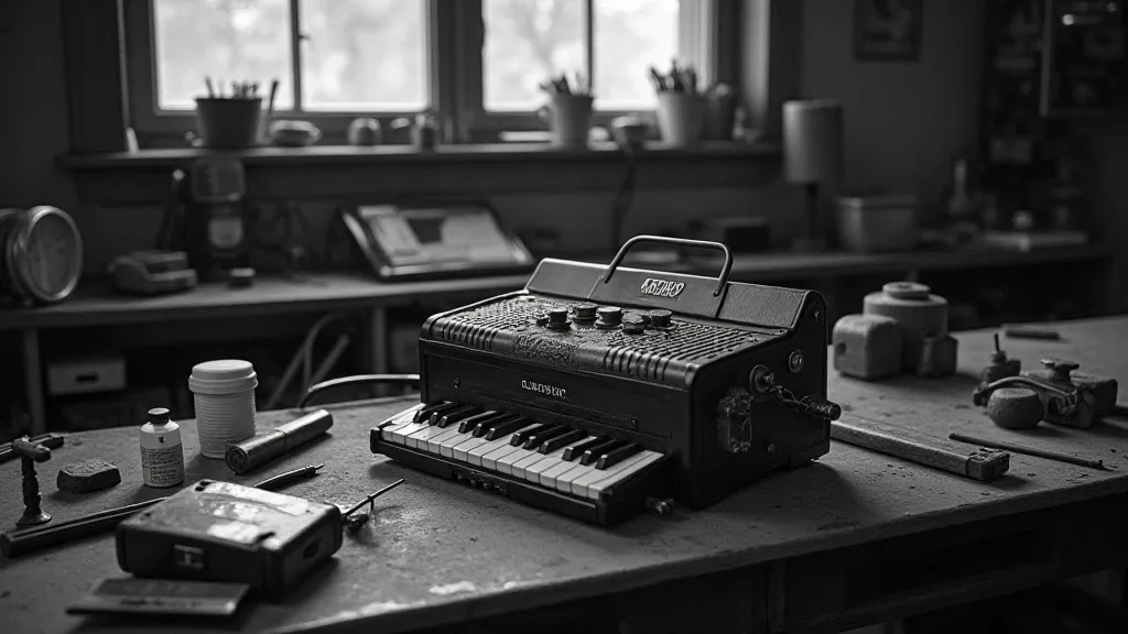 Vintage accordion repair shop scene