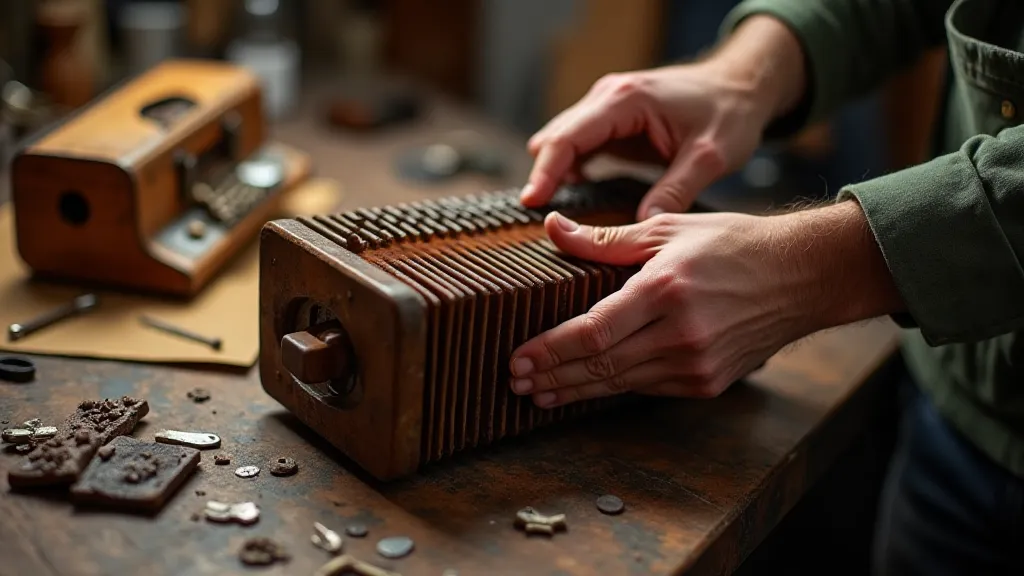 A craftsman repairing an antique accordion.