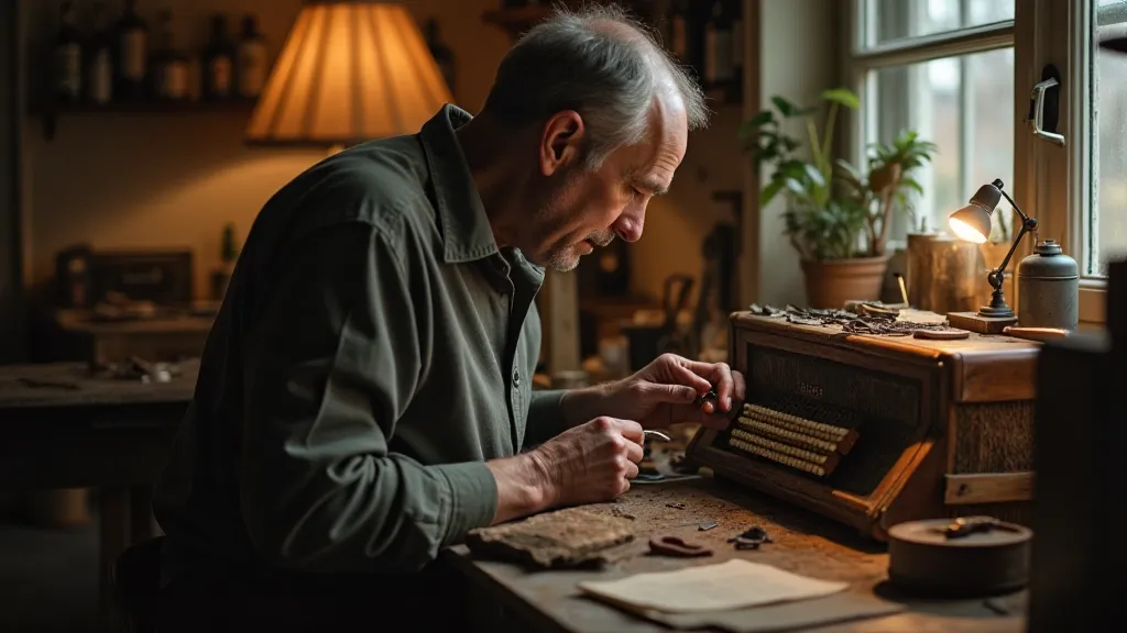 Accordion repairman working on an instrument.