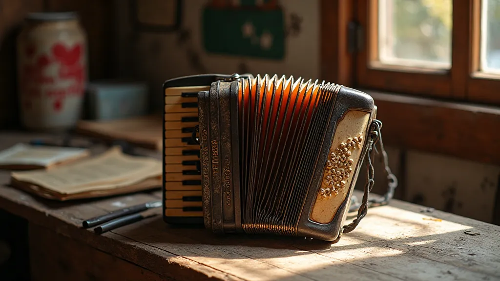 Antique accordion on a workbench