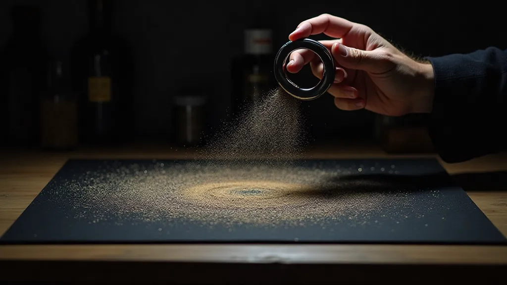 An artist creating a magnetic field pattern with iron filings.