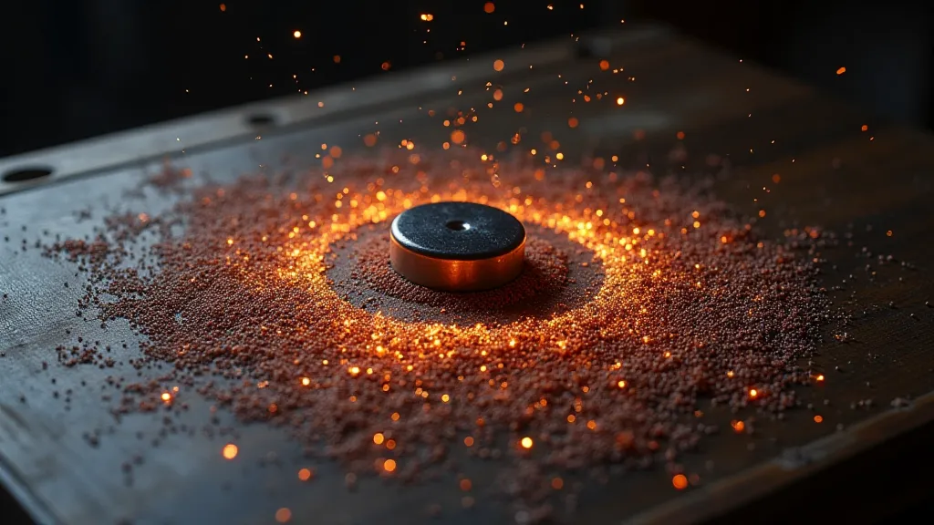 Iron filings aligning to form a magnetic field pattern.